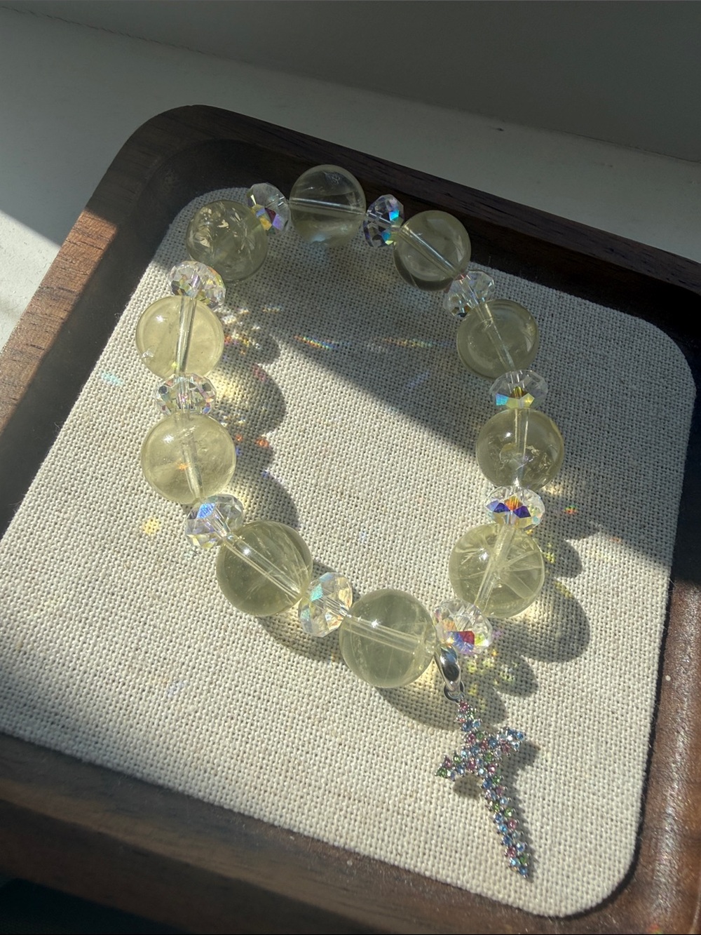 Natural Pale Yellow Citrine Crystal Stretch Bracelet w/ 925 Silver Cross Charm